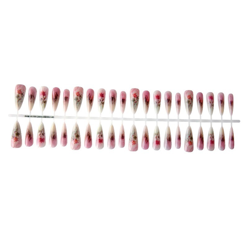 80Pcs-Ink Wash Pink Floral Coffin Press on Nails Gradient Nude Glossy Fake Tips