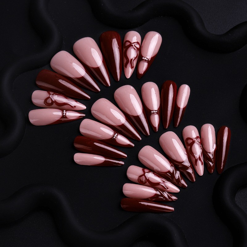 48 Pieces of Red Nude Color Blocked 3D Bow Fake Nails – Removable Nail Art