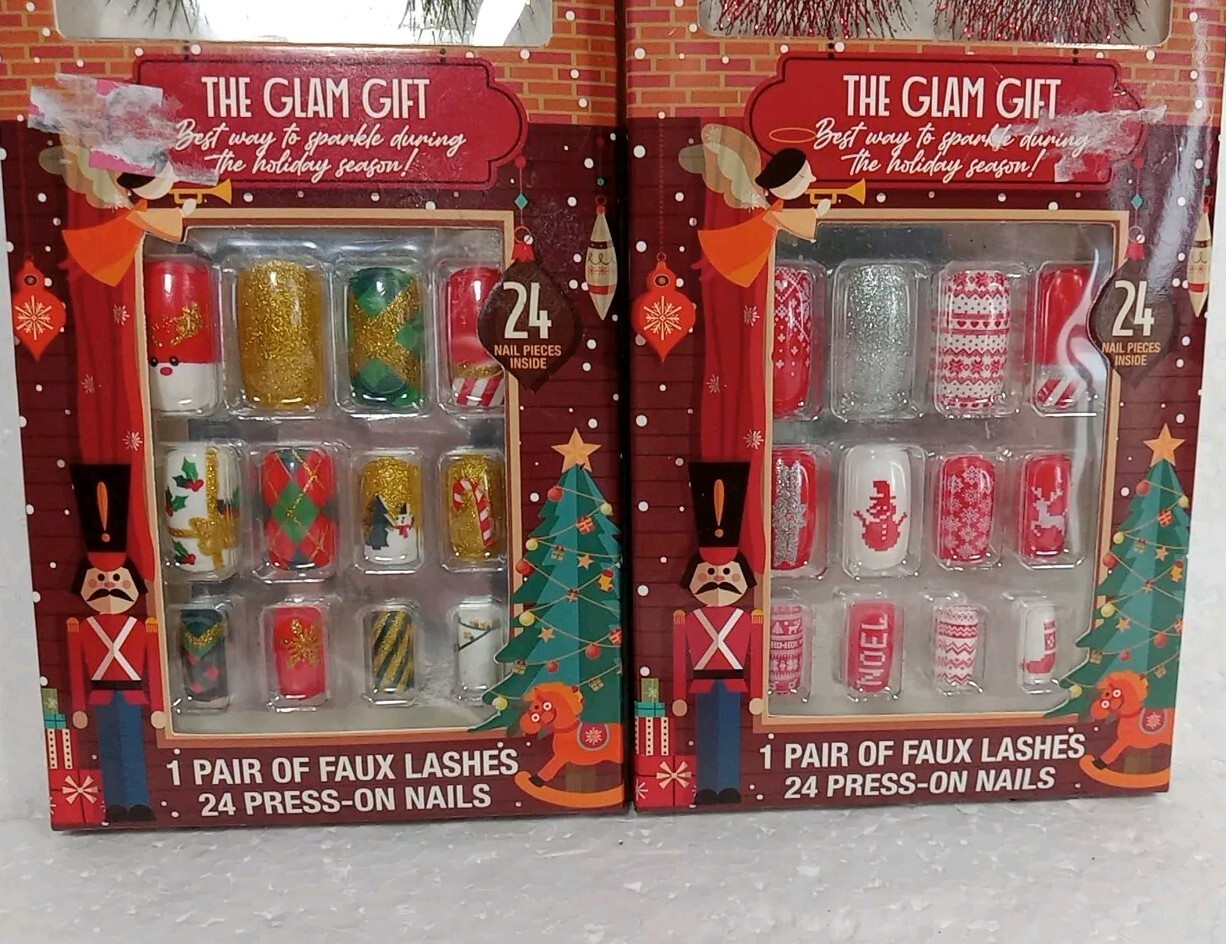 2 The Glam Gift Pair Of Faux Glitter Lashes 24 Holiday Themed Press On Nails