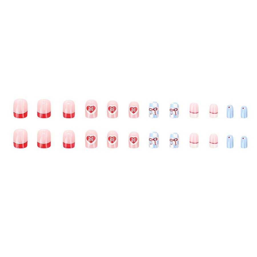 48 Pcs Blue Pink Heart Press on Nails, Short Square Cute French False Nails