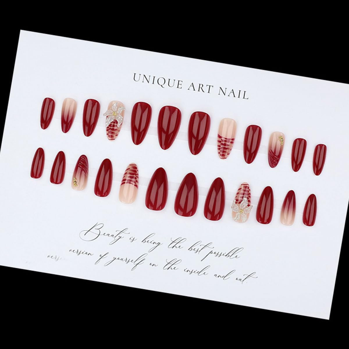 24Pcs Wine Red Press on Nails Medium Almond Flower Fake Nails Transparent 3D Flo