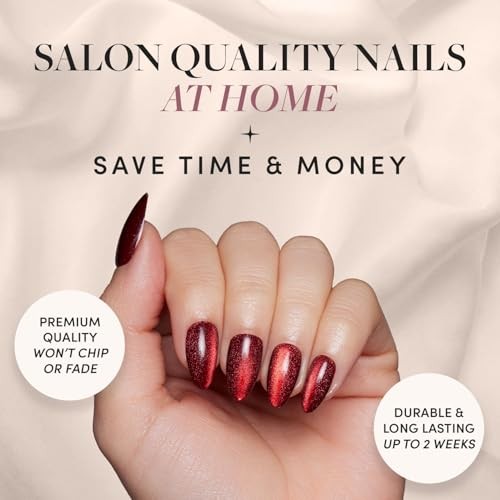 Press On Nails – | Deep Red Sparkly Short Almond Fake Nails with Ruby Slipper