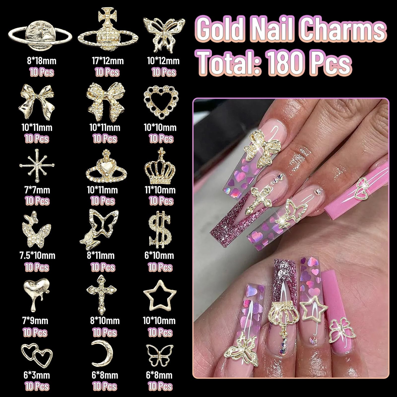 180 Pcs Gold Nail Charms and Gems, Bow Star Butterfly Cross Alloy Nail