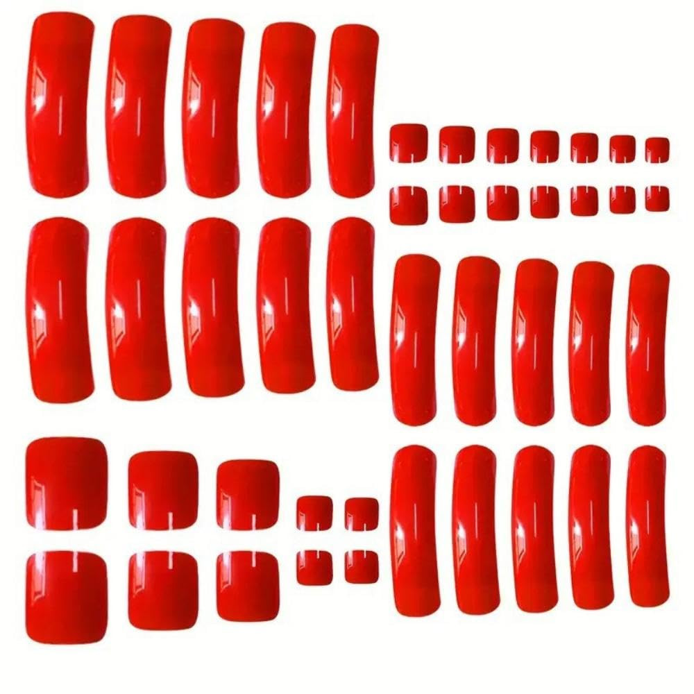 48 Pcs Red Press-On Nails & Toenails – Glossy Curved & Square Designs