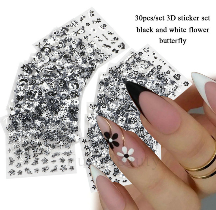 10 Sheets 3D Daisy Flower Butterfly Nail Art Stickers Charms Decoration Manicure