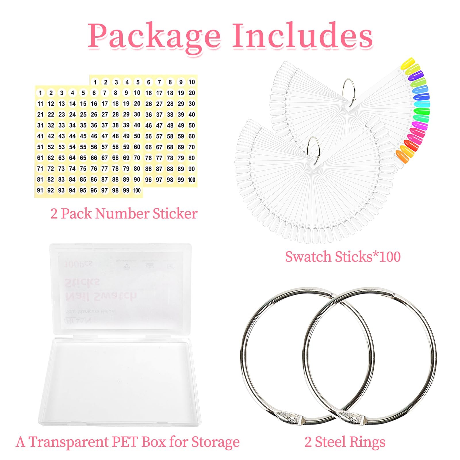 100 Pcs Clear Nail Swatch Sticks with Ring Fan Shape Nail Color Swatches Sticks