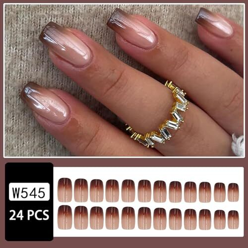 Brown Chrome Press on Nails Medium Square SWEKKE French Tip Fake Square Nail38
