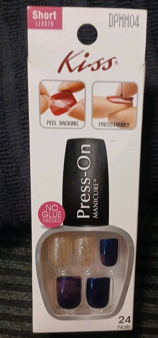 Kiss Press-On Manicure 24 Short Square Tip Nails- Royal Blue Gold Glitter Accent