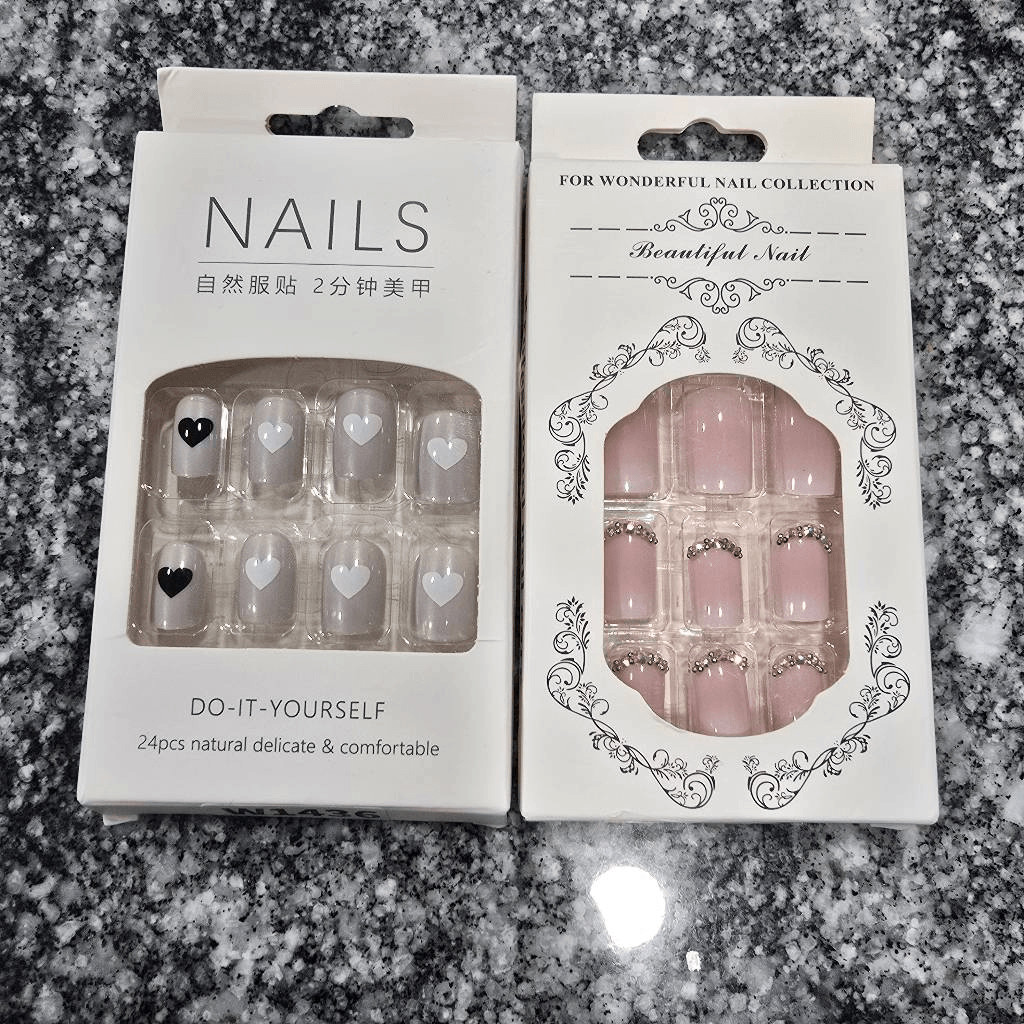 Set of 2 Press-On Nail Kits 24pcs Each | Nude Rhinestone & Neutral Heart Design