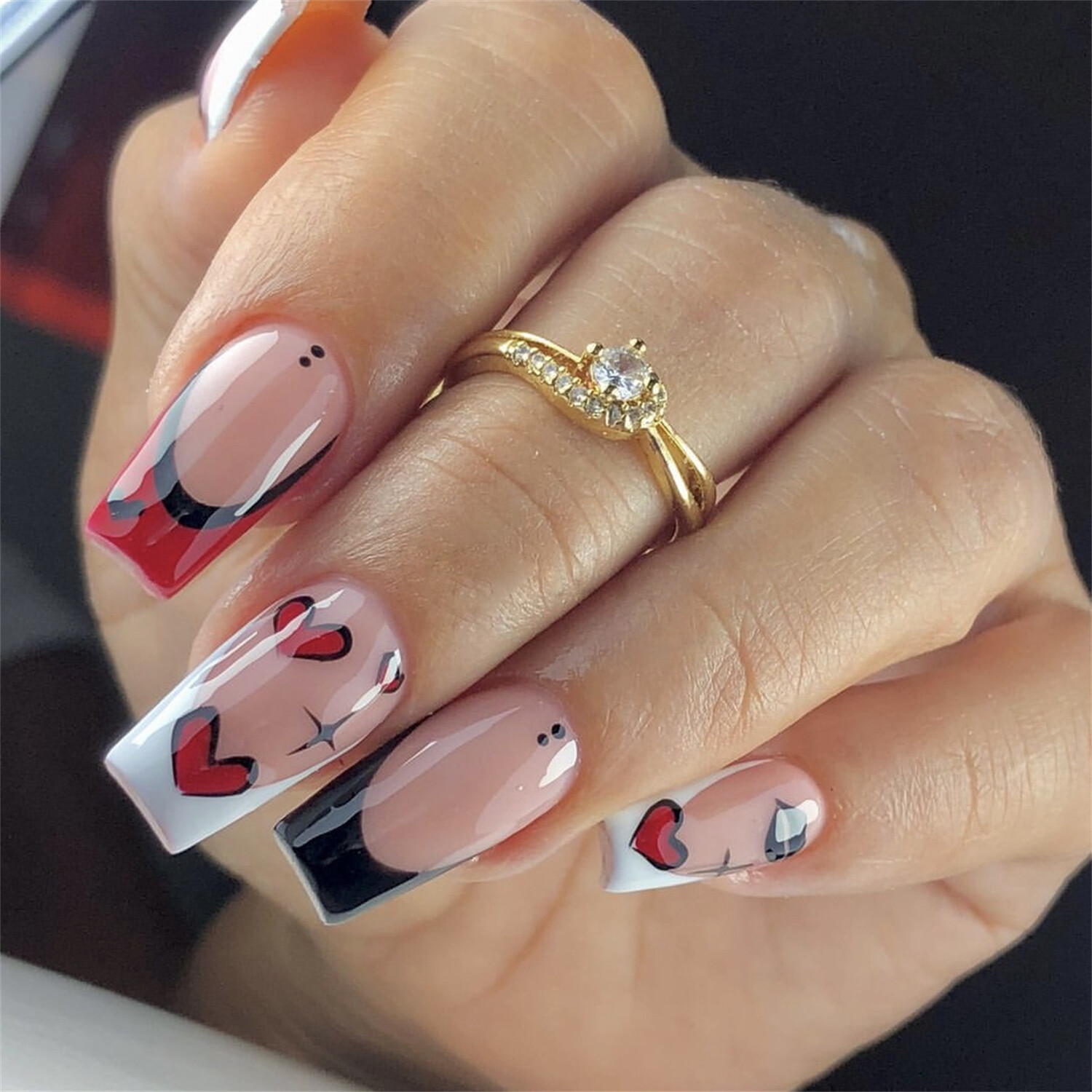 24pcs Valentine’s Day Heart Square Press-On Fake Nail Colorblock French Manicure