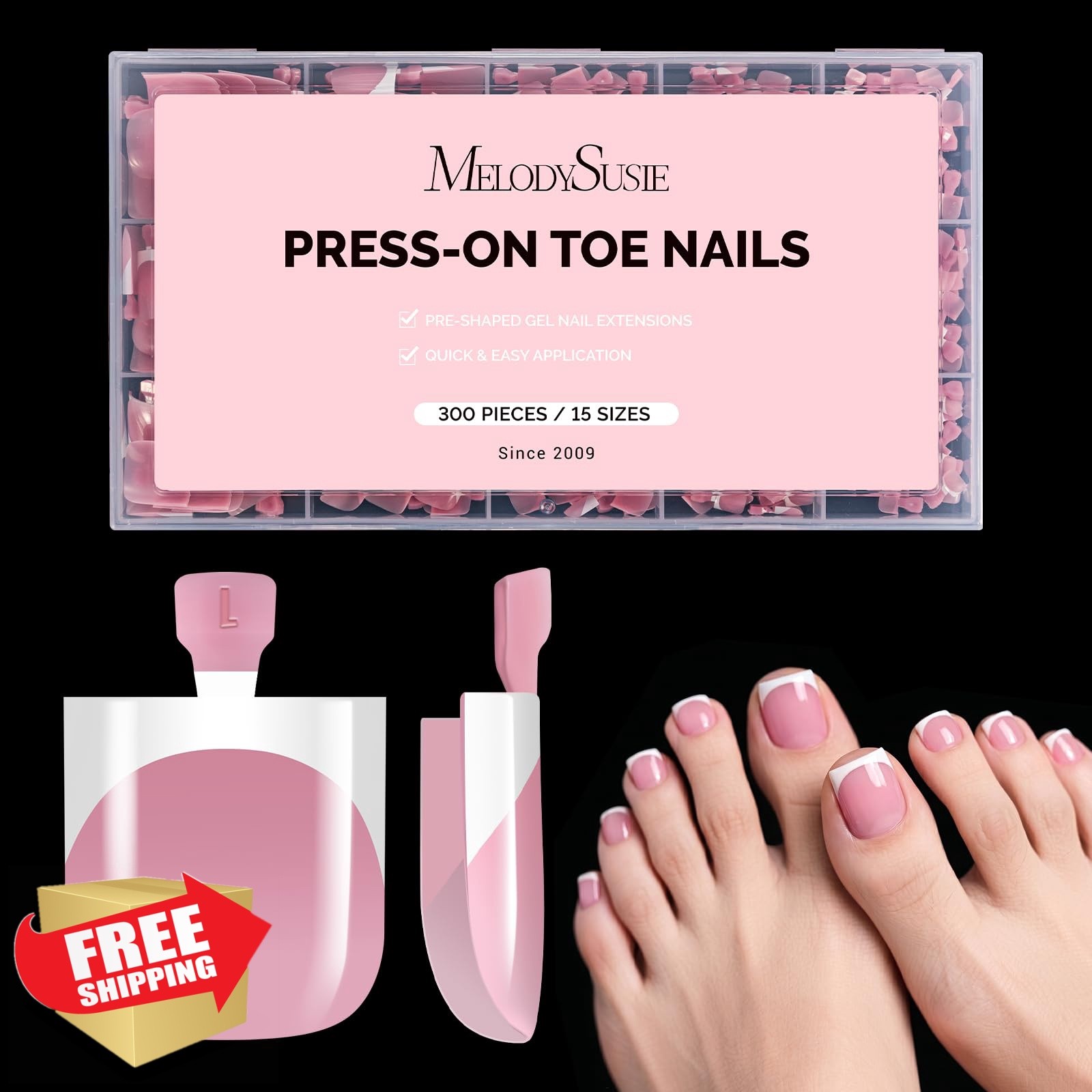 MelodySusie French Tips Press On Toenails,Sharp Square 300Pcs 15 Sizes X Pre-…