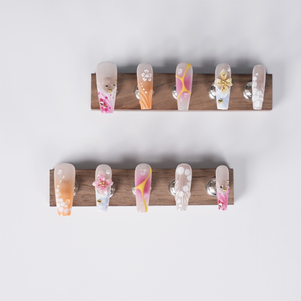 Handmade Orange Pink Gradient Floral Press on Nails Hand Painted Fake Nails