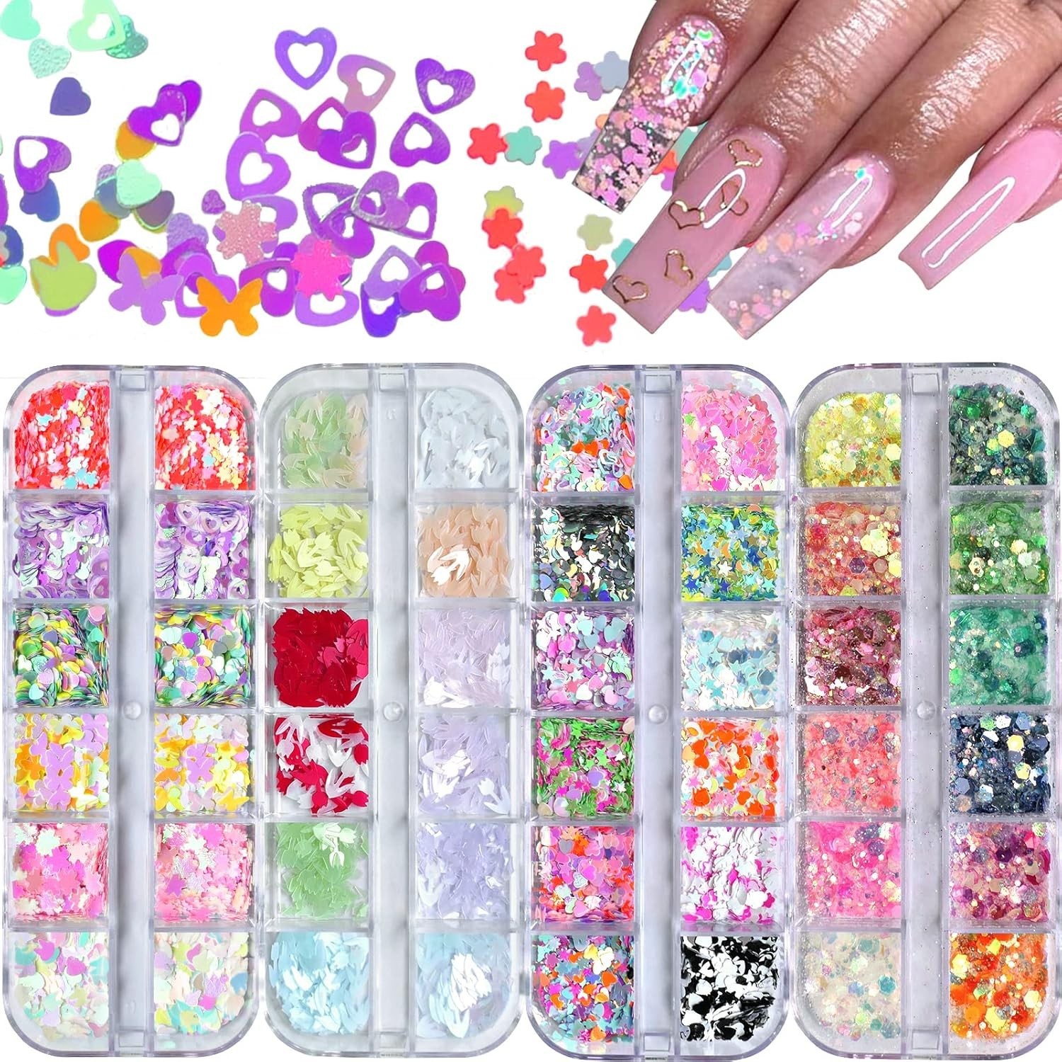 Gorgeous Luminous Nail Glitter Set in 4 Vibrant Boxes for Artistic Designs