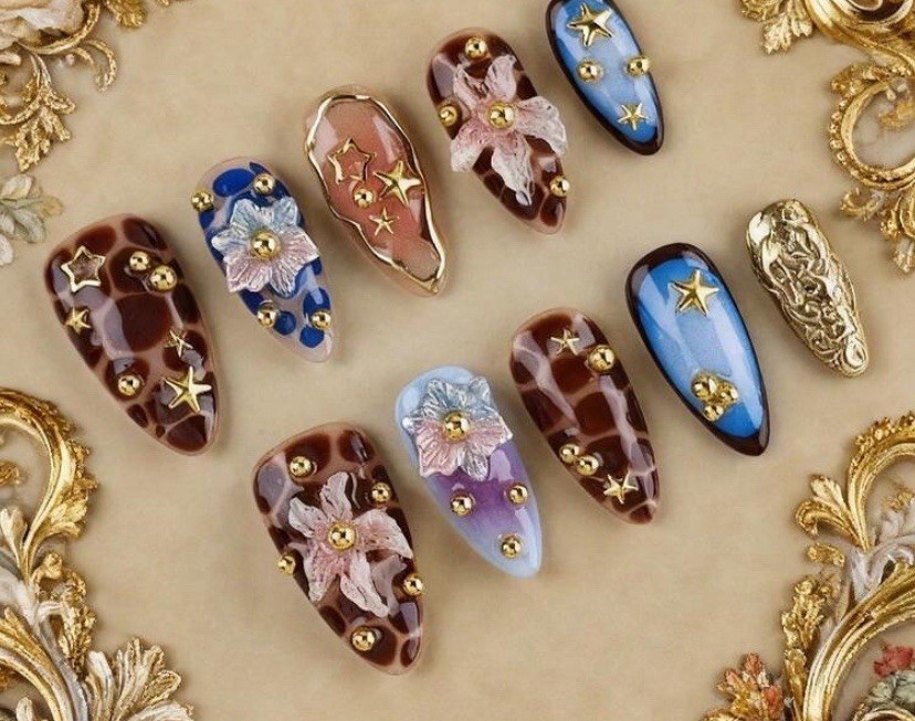 3D Flower Press-On Nails Full Cover Pre-Designed Long Almond Brown Blue Gold