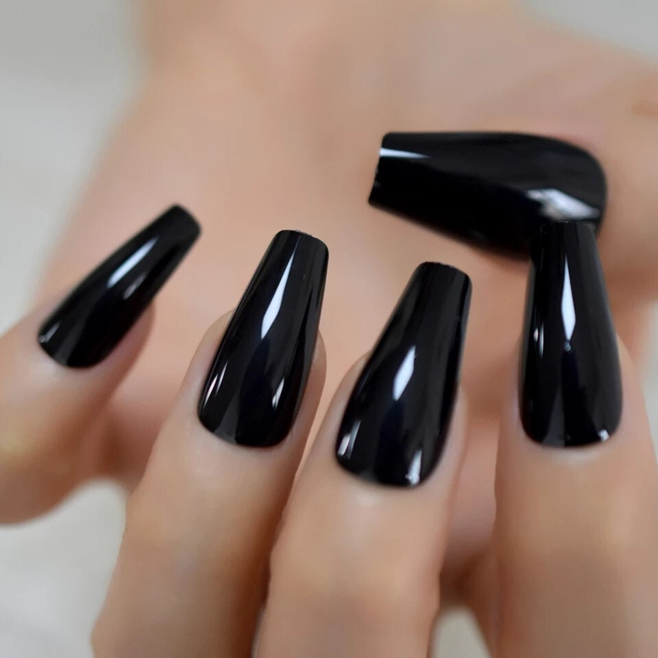 New 24 Press On Nails Kit w glue Black long coffin goth glossy