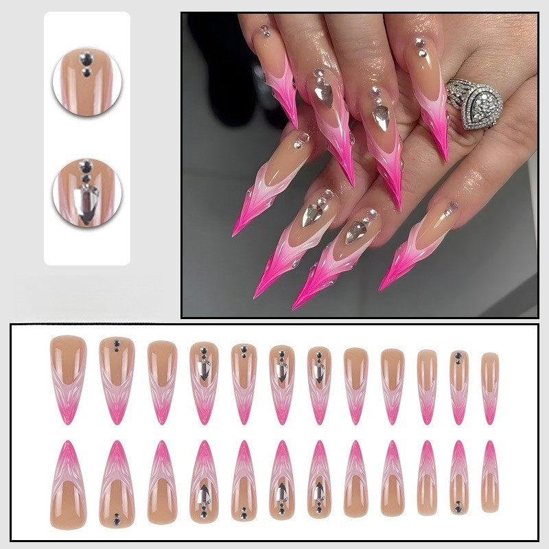 48pcs-Edgy Pink Flame Press on Nails, Stiletto with 3D Heart Rhinestone Details
