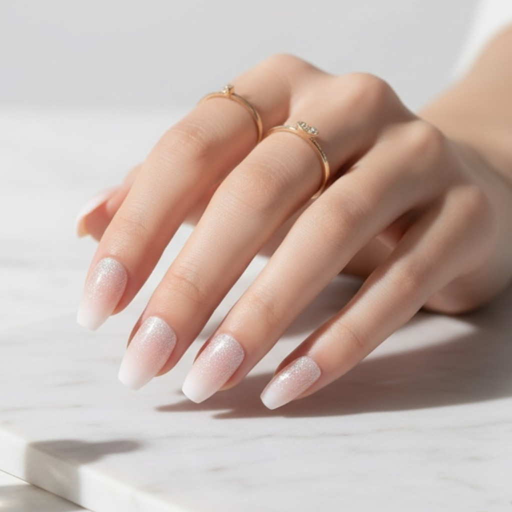 Nude Pink Ombre Glitter French Tip Square Long Acrylic False Press On Nails Set