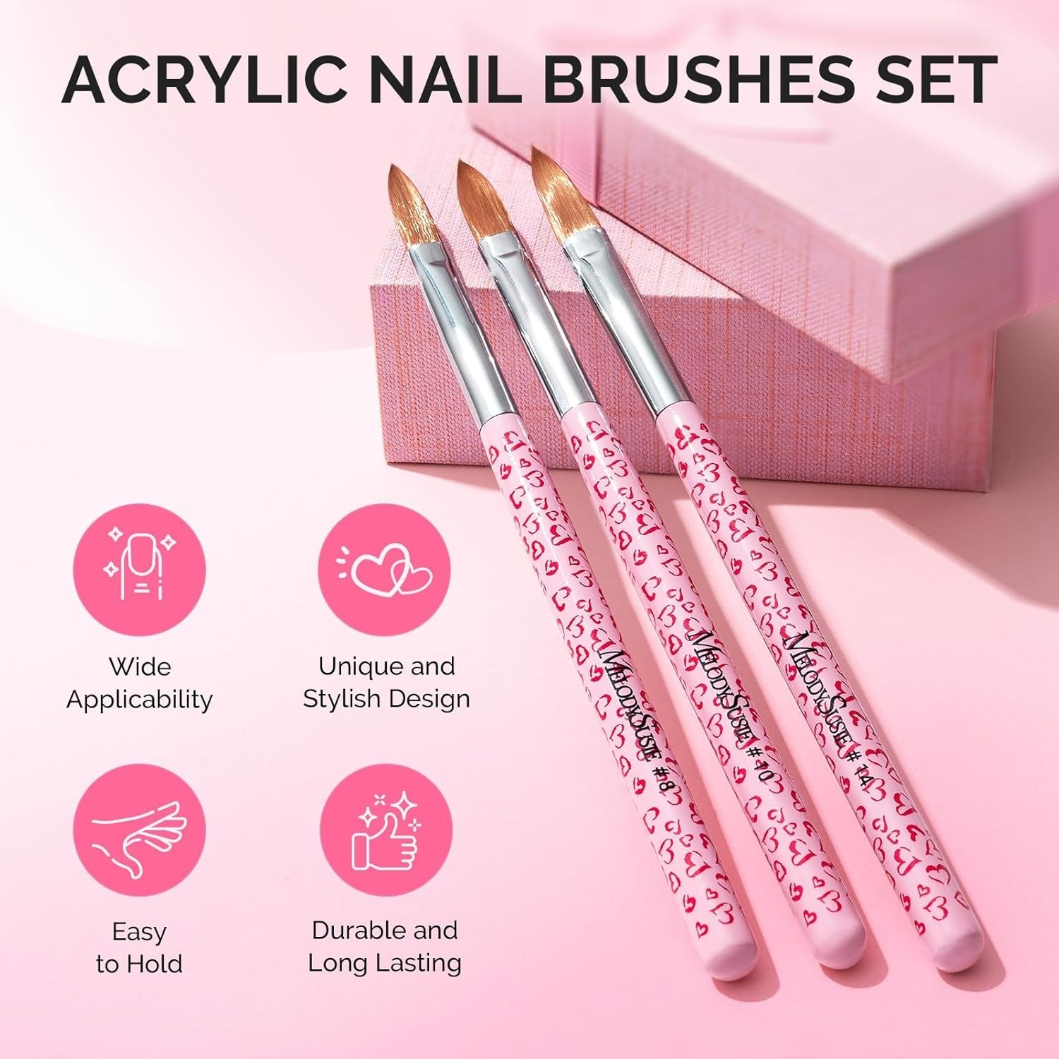 3-Piece Acrylic Nail Brush Set – Sizes 8/10/14, Professional Nail Art Tool for