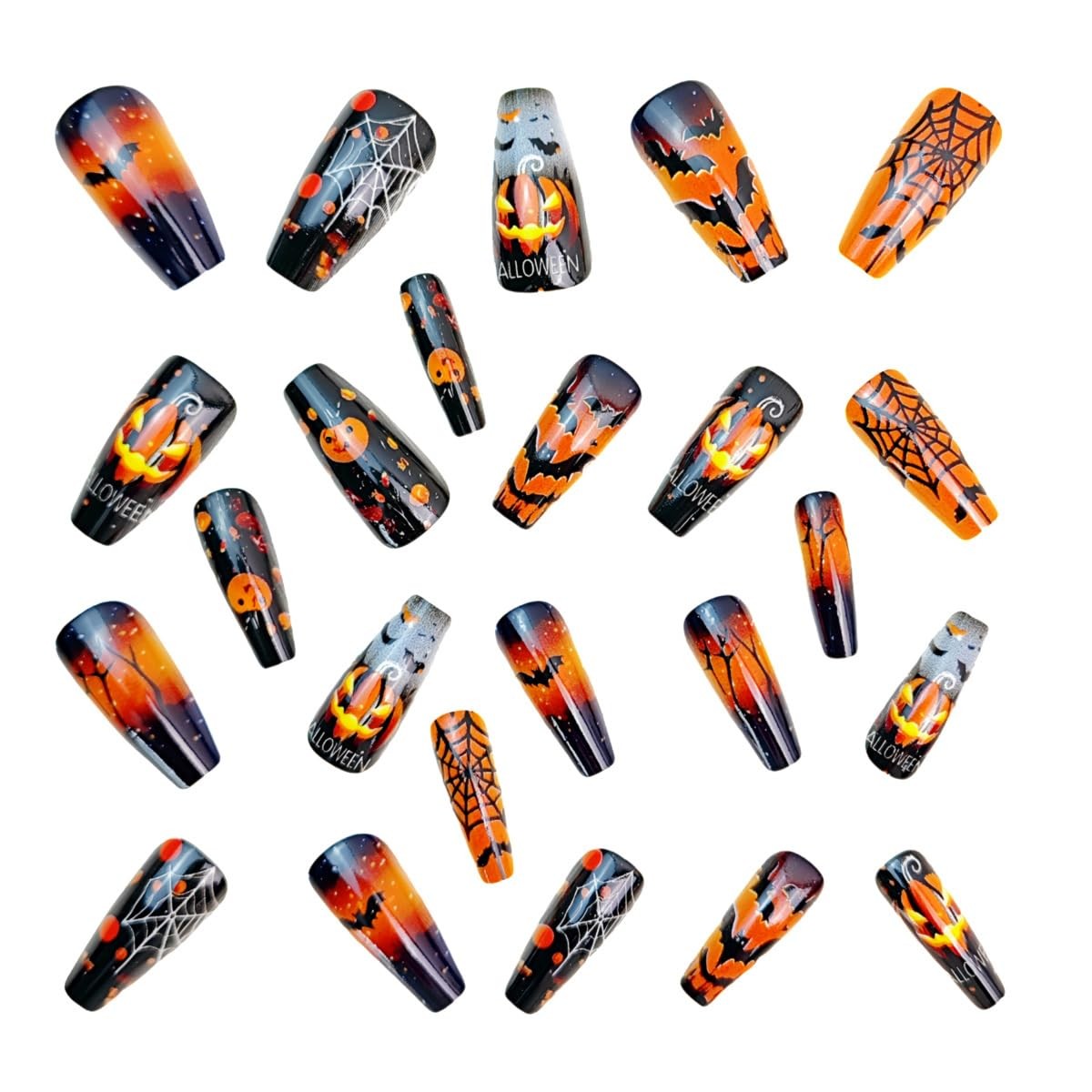 24Pcs Halloween Press on Nails Medium Square Fake Nails with Pumpkin Spider W…