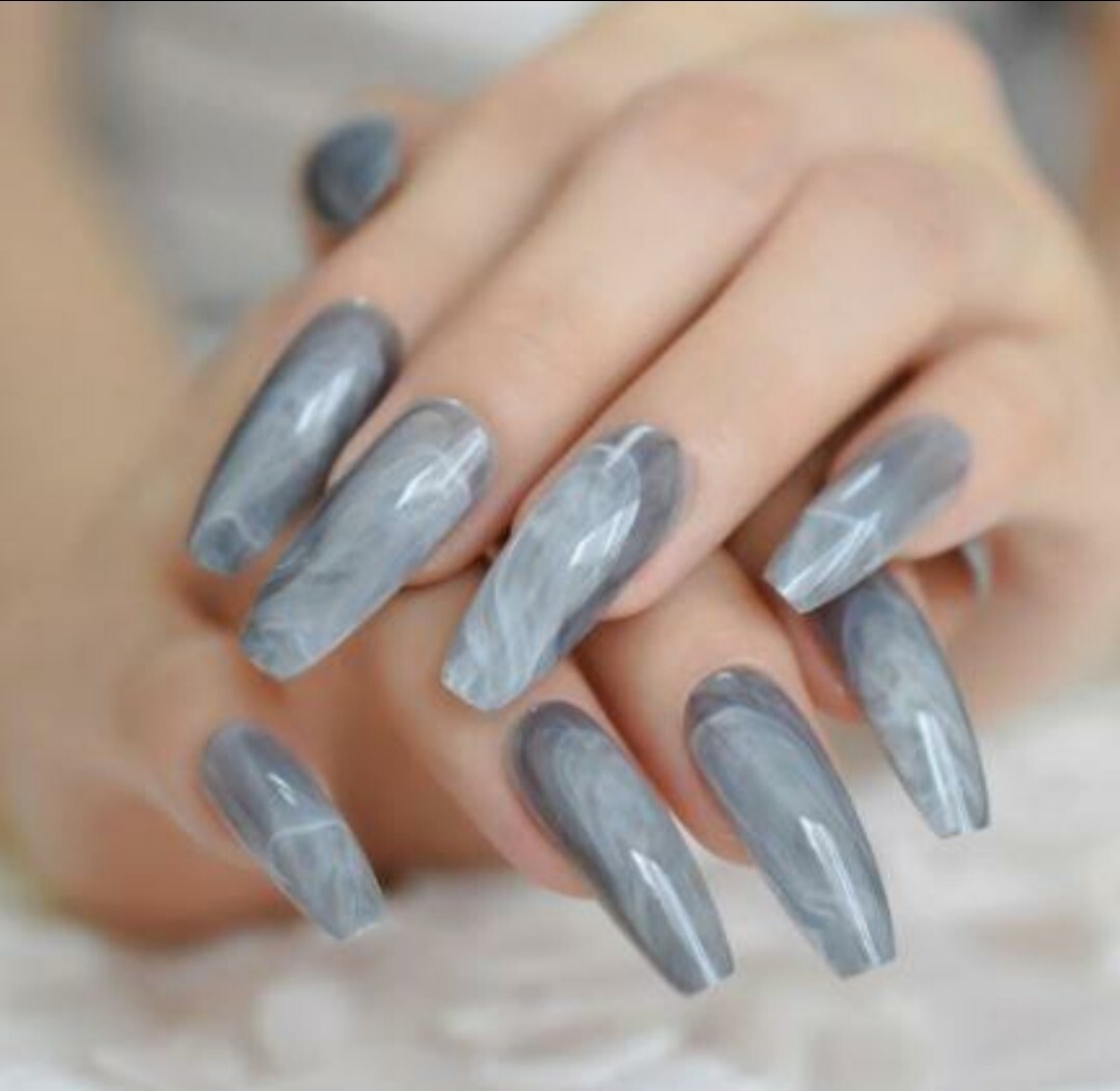 24 Blue Gray marble Press On Nails kit glue on Gray smoky art extra long coffin