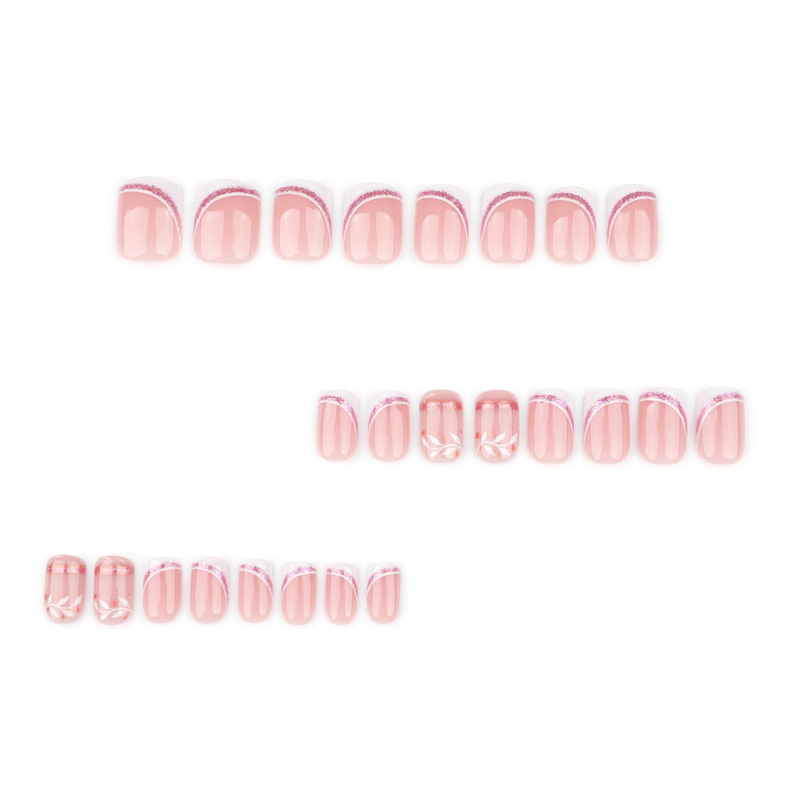 French Press on Nails Short Square – Nude Fake Nails Press ons with White Fre…