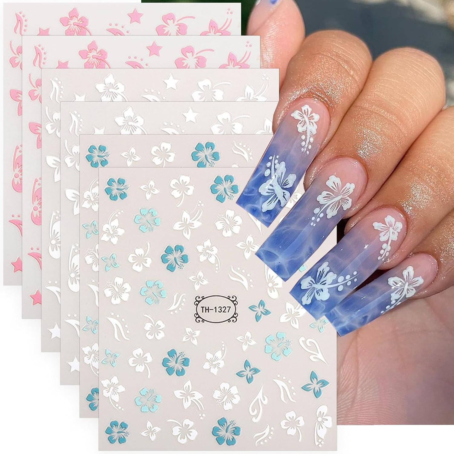 8 Sheets Summer Flower Nail Art Stickers Self-Adhesive Floral Nail Decals with R