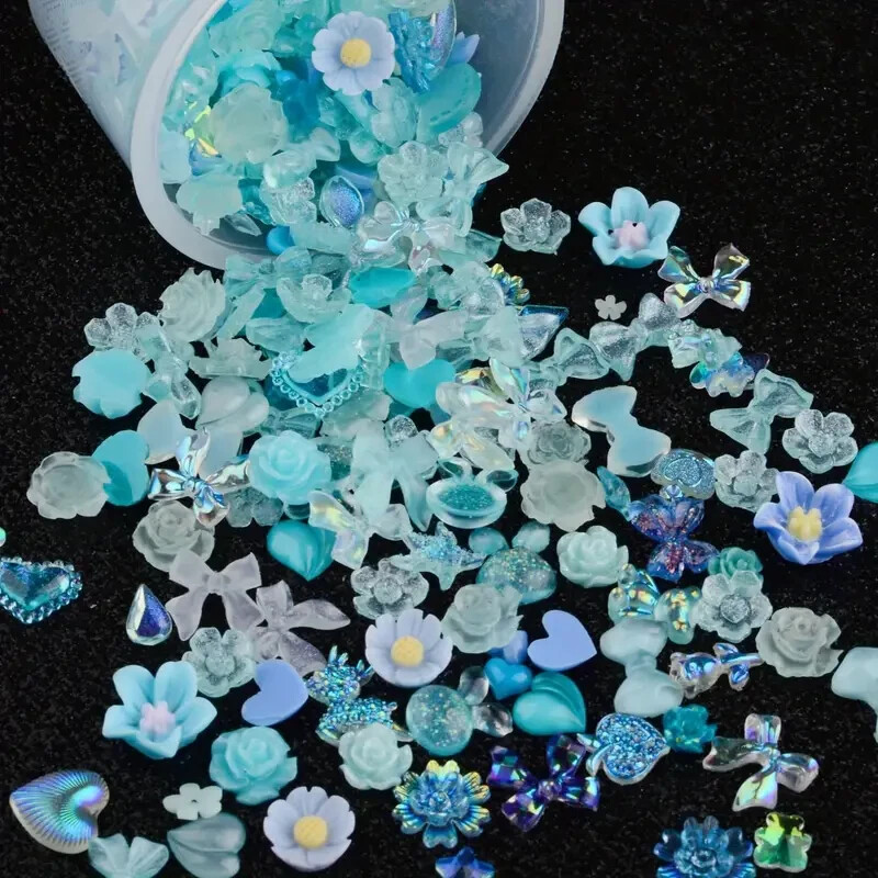 100 pcs Sparkling Acrylic Nail Charms – Butterfly, Bear, Flower, Heart MIX