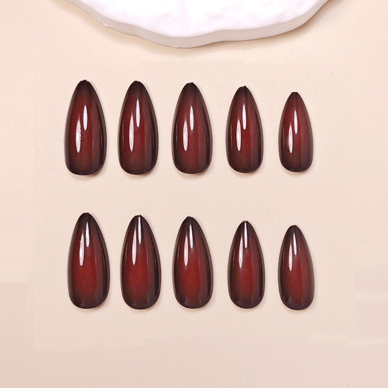 48Pcs-Medium Almond Glossy Burgundy Gradient Press on Nails Set