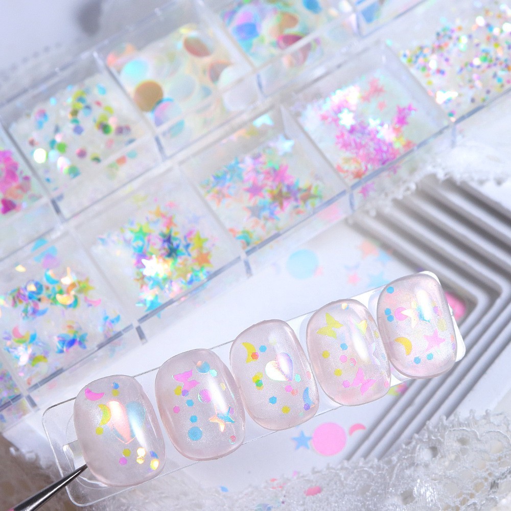 Glitter Nail Art Sequins 12 Grids Butterfly Star Heart Circle Shapes DIY Decor