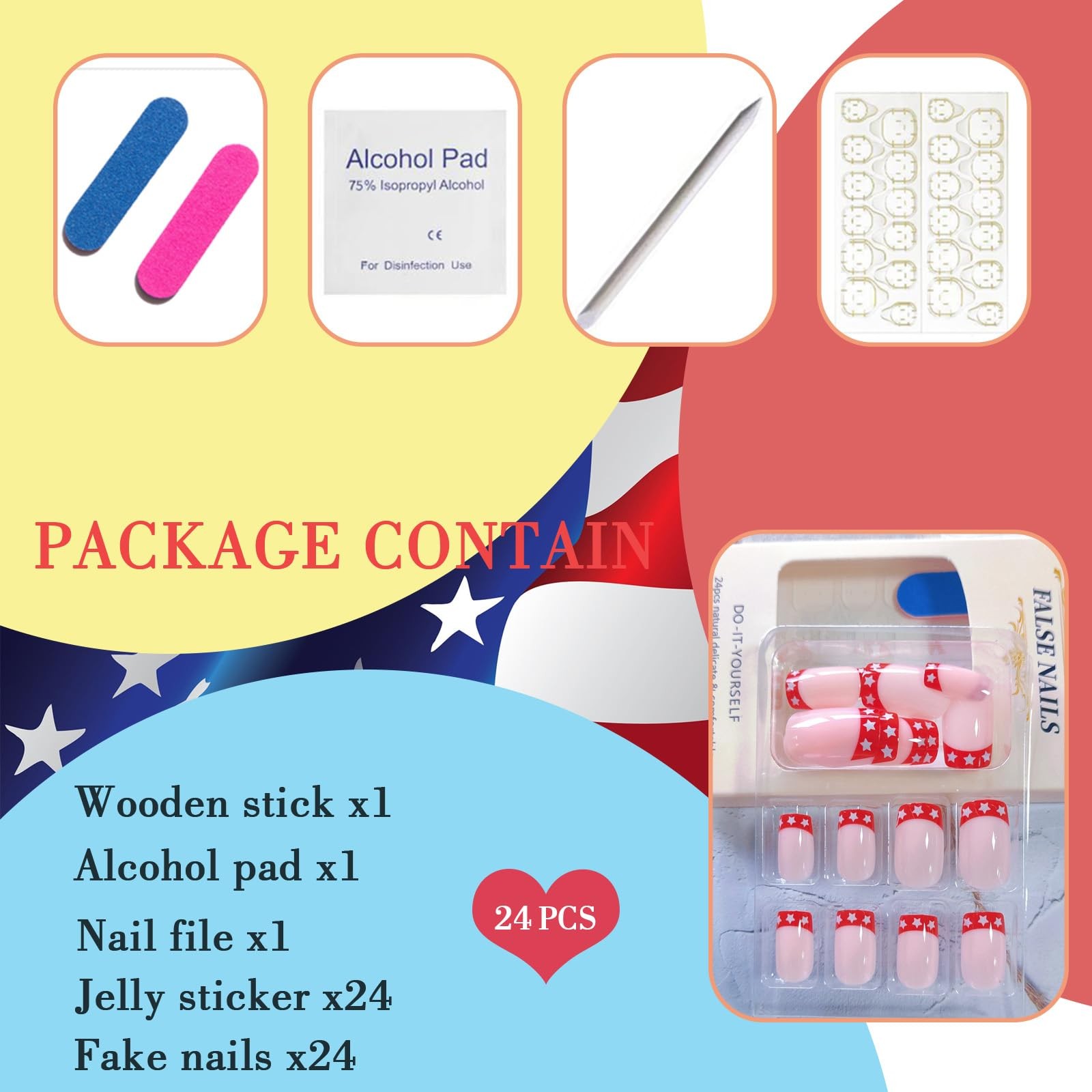 24Pcs 4th of July Press on Nails Short Fake Nails Red French Tip Nails Indepe…