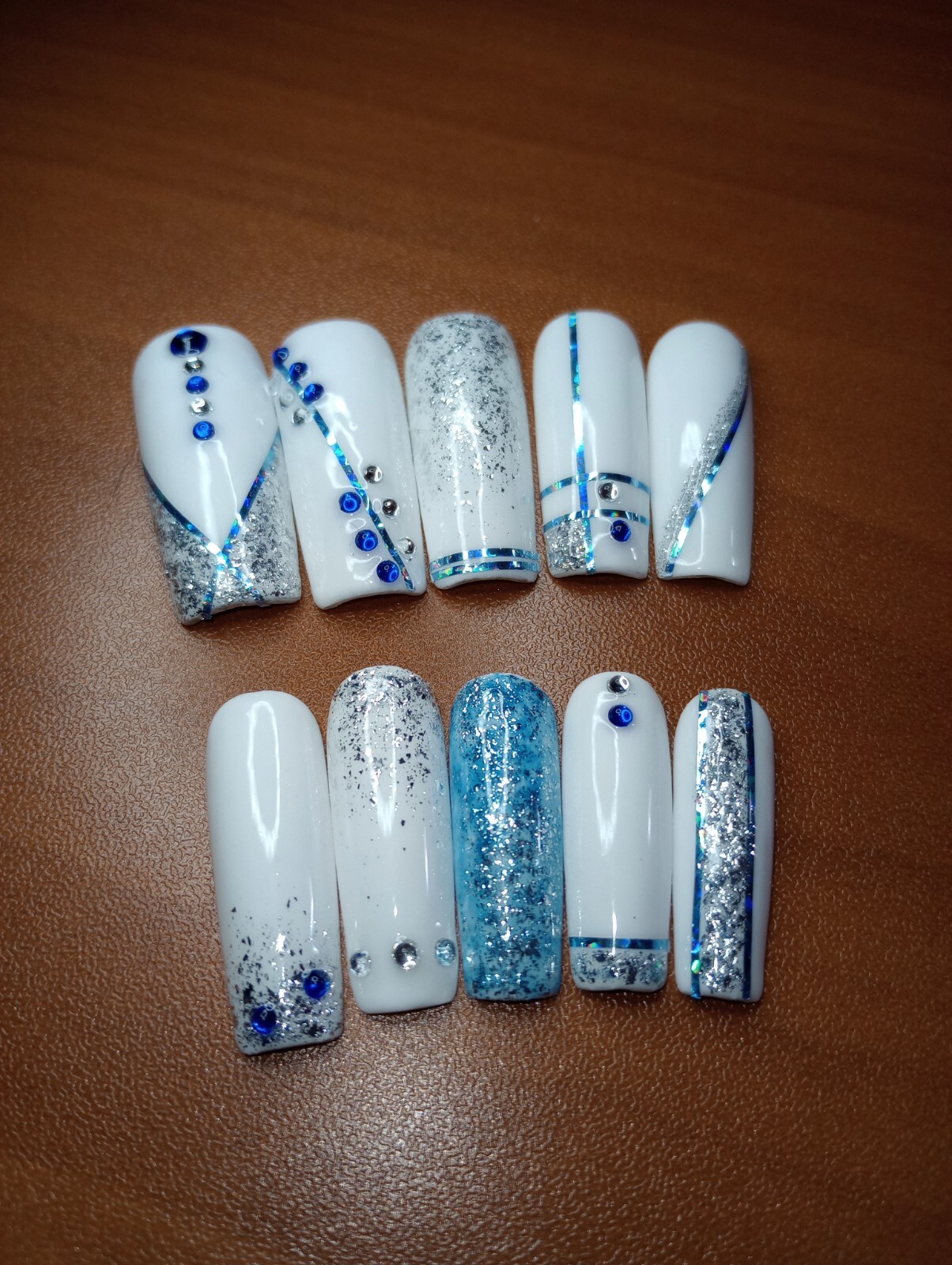 White/Blue Sparkle, XL Square, Full Coverage, Rhinestone, XL PressOns, Handmade