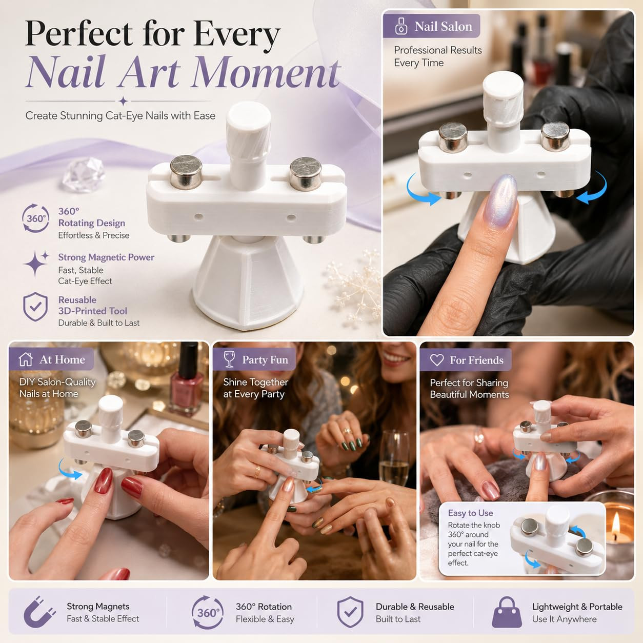Automatic Cat Eye Magnet for Nails, Cat Eye Nail Magnet Holder with 2 Magnets, 3