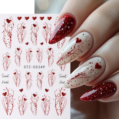 5 Sheets Valentines Nail Art Stickers Decals 3D Self Red Love Heart Nail Decals