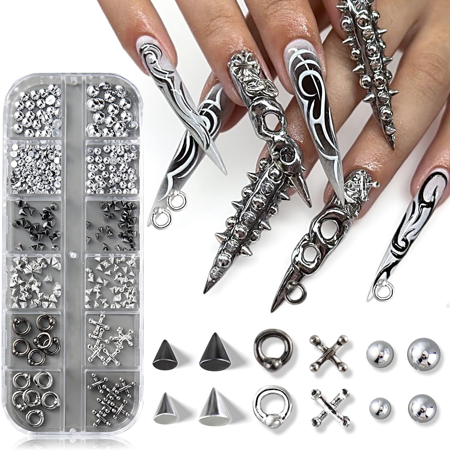 Goth Nail Charms 3D Triangle Spike Rivet Beads Metal Piercings for Nail Art