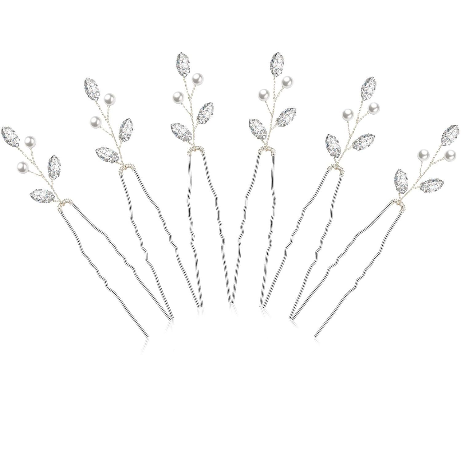 6 Pieces Pearl Crystal Bridal Hair Pins Rhinestone Flower Wedding Silver