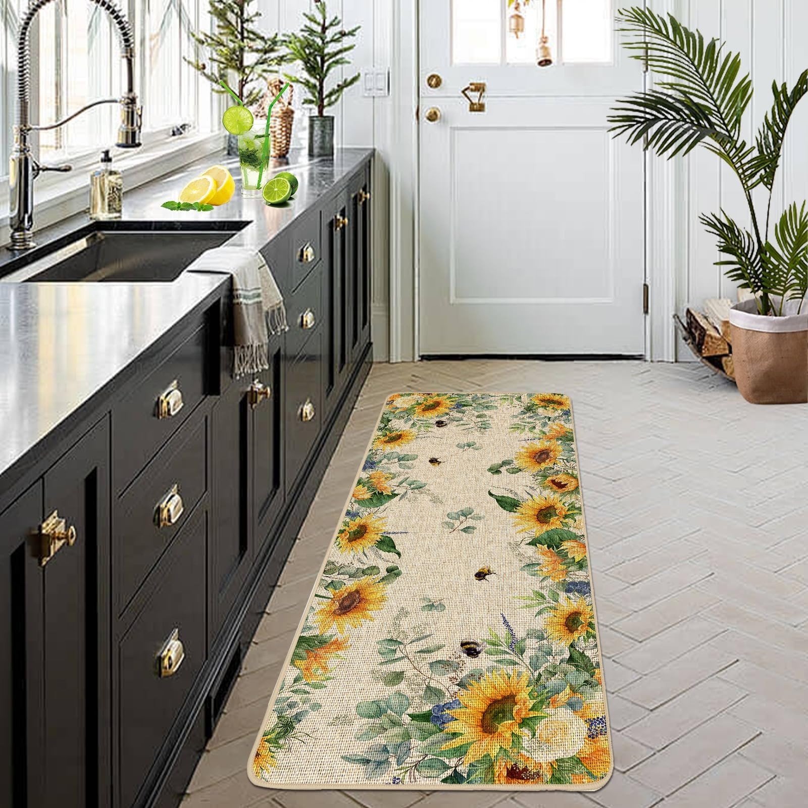 Baccessor Summer Kitchen Mats Set of 2, Sunflower Floral Bee Kitchen Rugs for…