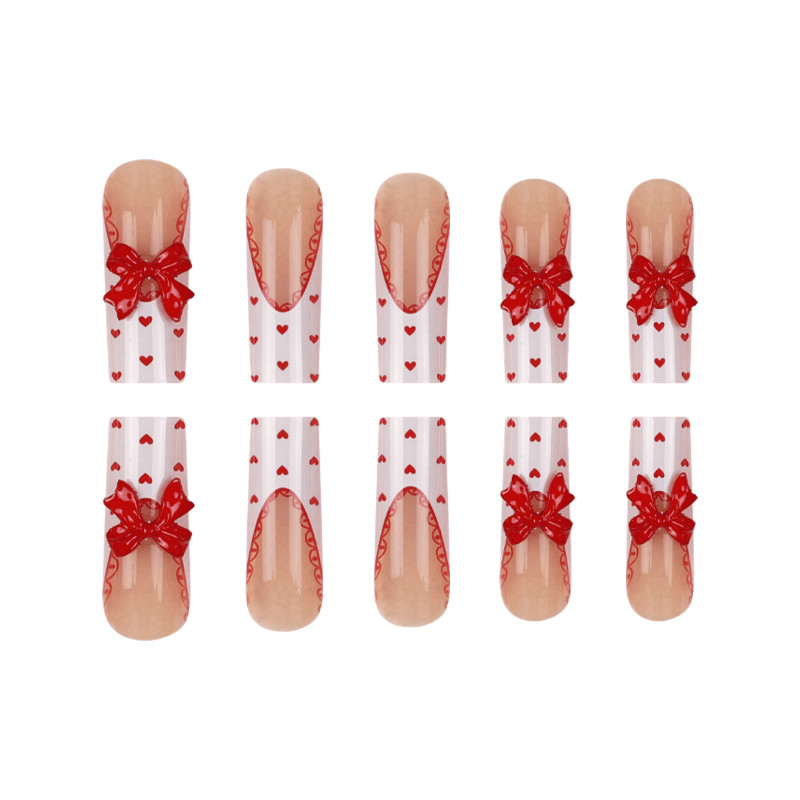 24pcs Extra Long Press on Nails, Red Chain Heart 3D Bow Romantic Nail Design