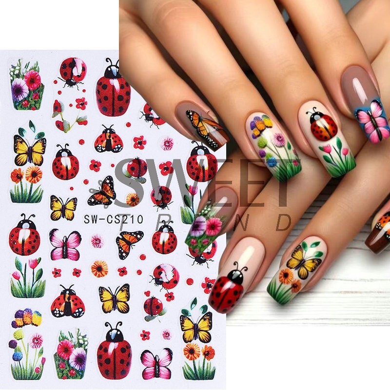 5Pcs Nail Art Decal Stickers Butterfly Beetle Flower Turnip Summer Spring NS52