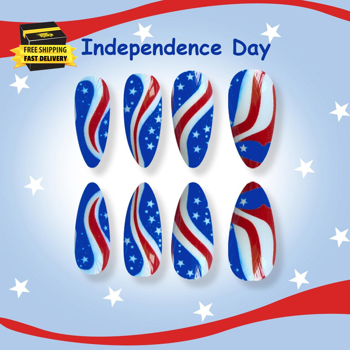 4Th of July Press on Nails Medium Almond Patriotic American Flag Fake Nails with