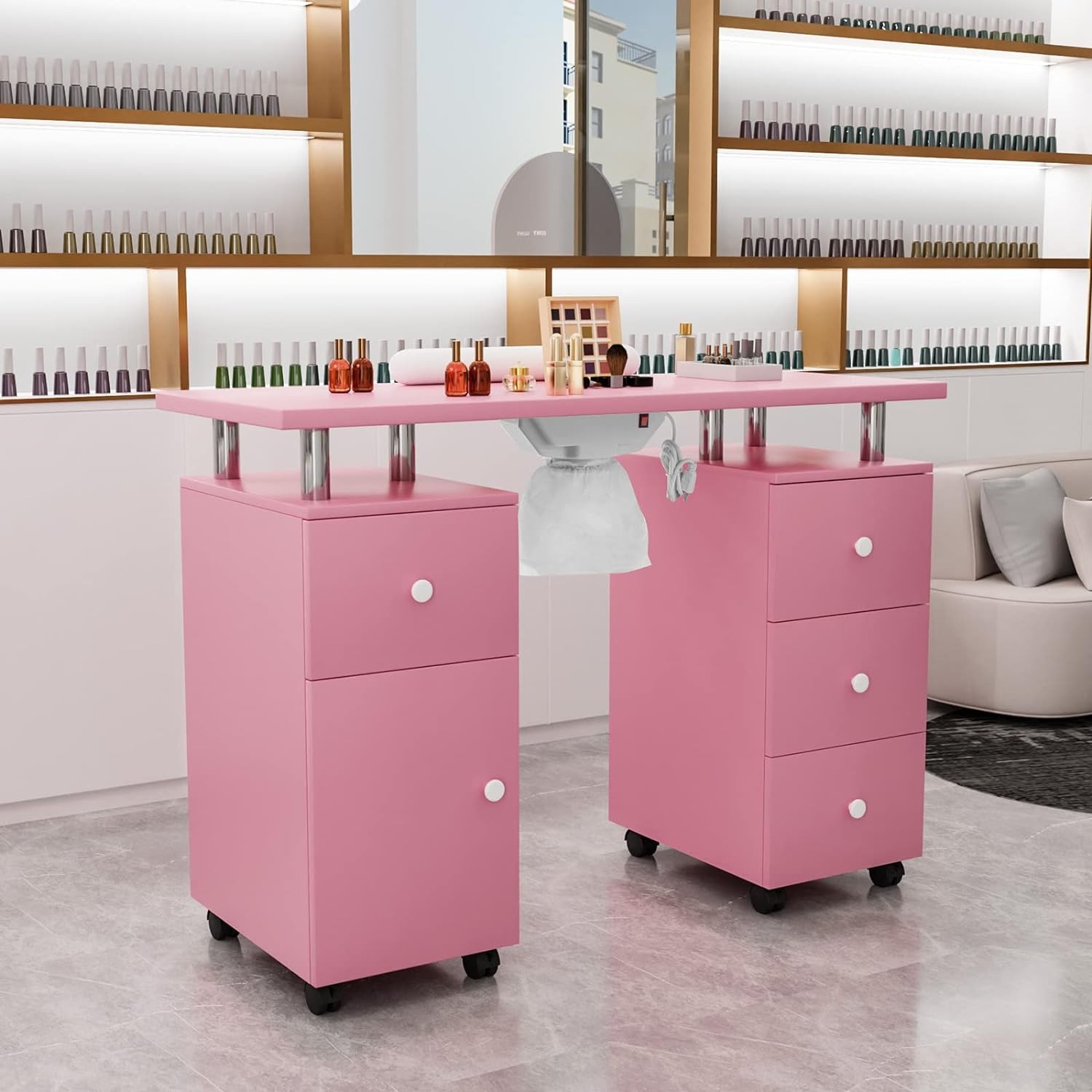 Manicure Table Nail Technician Desk Workstation w/Dust Collector, Drawers,Wheels