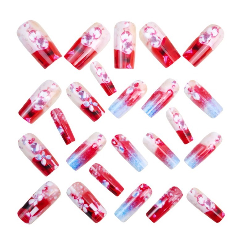 48PCS luxury pink purple gradient red diamond press in nail art, reusable nail
