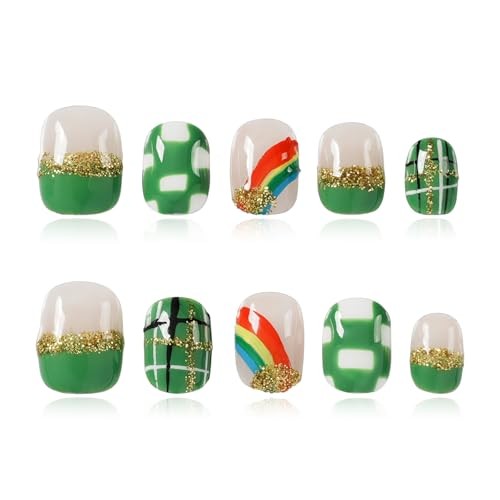 St. Patrick’s Day Press On Nails Extra Short L Green & Gold Rainbow Starlight