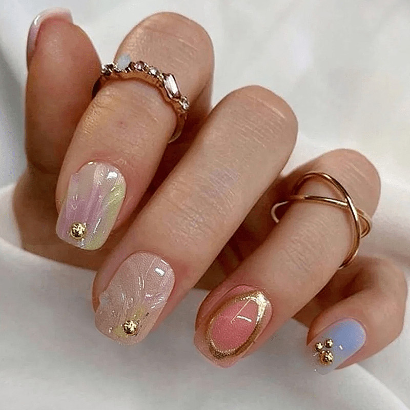 60Pcs Pink Gold Ombre Press on Nails, Short Square Glitter Accent False Nails