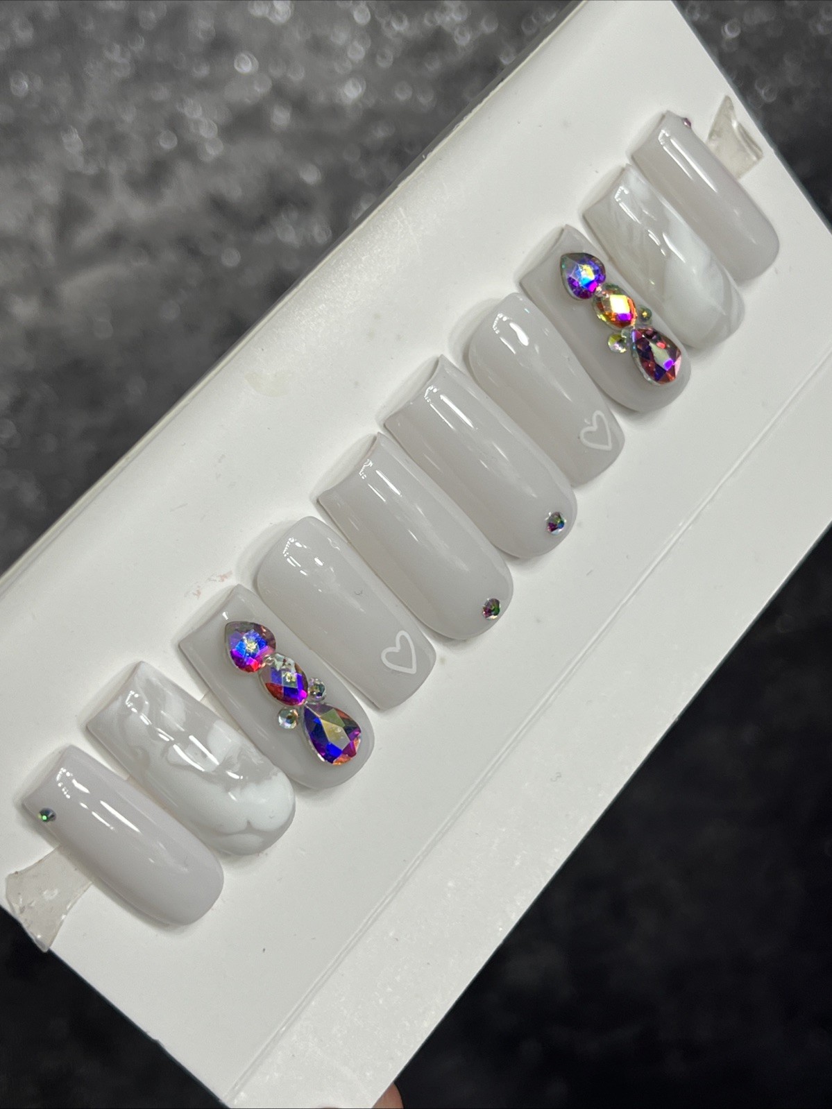 🔥 CUSTOM Gel Press On Nails, MILKY WHITE HEART W BLING 10p FULL SET W Kit
