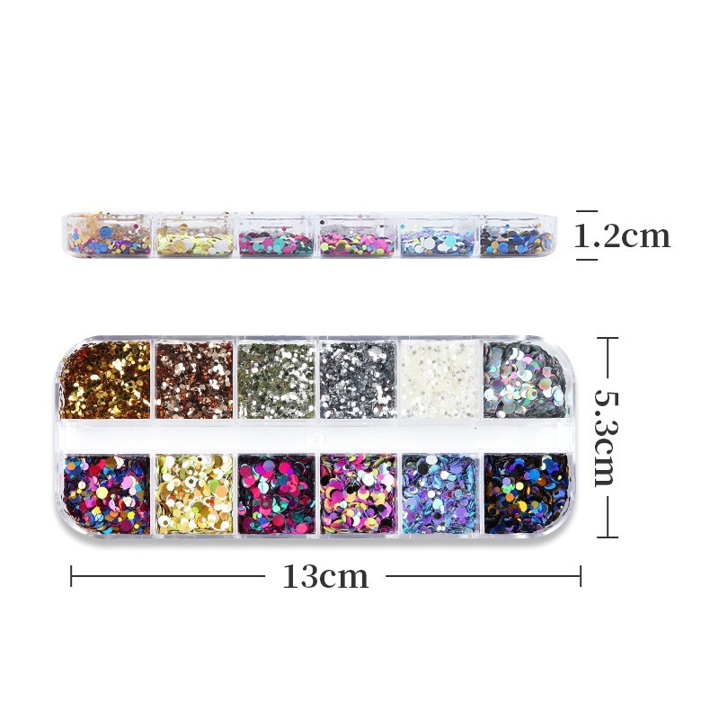 12 Grids Mixed Colors Round Dot Shape Nail Sequins Flakes Nail Art 3D Decoration
