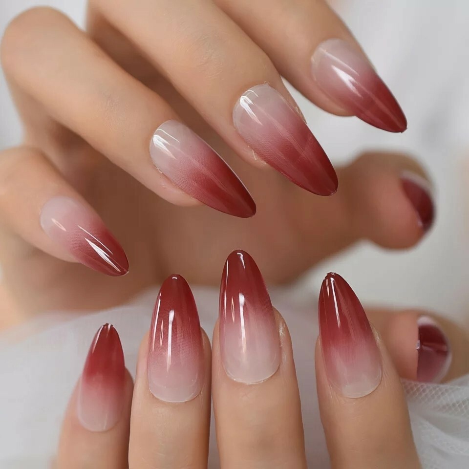 24 Ombre Rose Press On Nails w/ Glue Nude red pointed almond stiletto goth