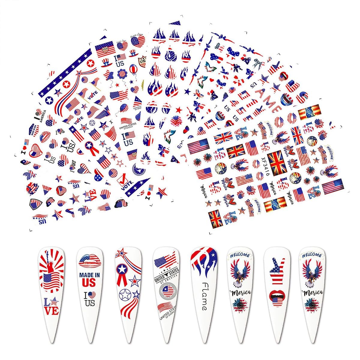 8 Sheets 4th of July Nail Art Stickers White Red Blue 3D Self-Adhesive Nail D…