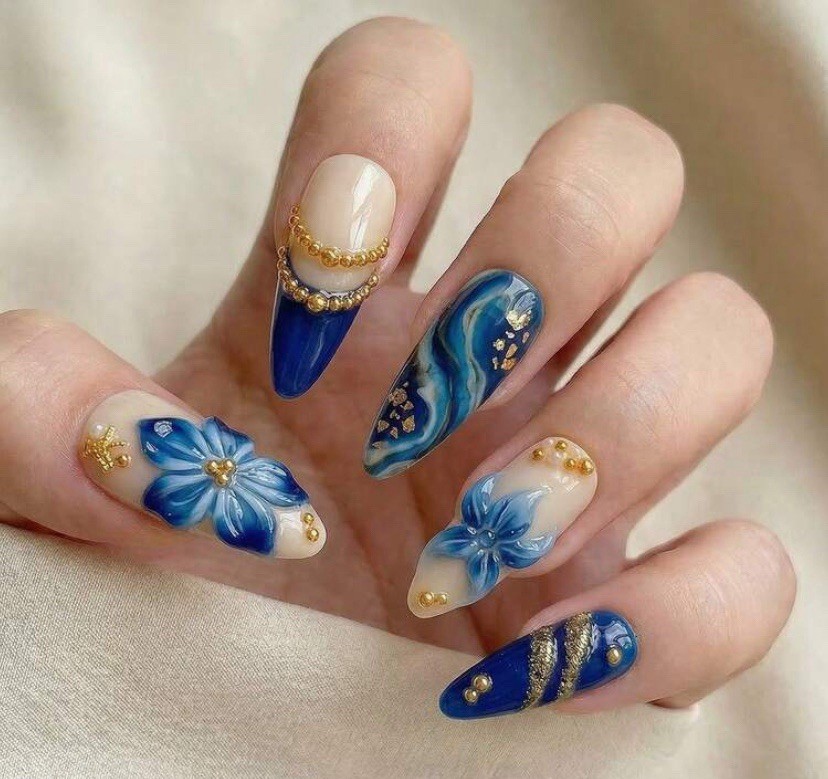 3D Flower Press-On Nails Full Cover Long Almond Blue Beige Gold Pre-Designed