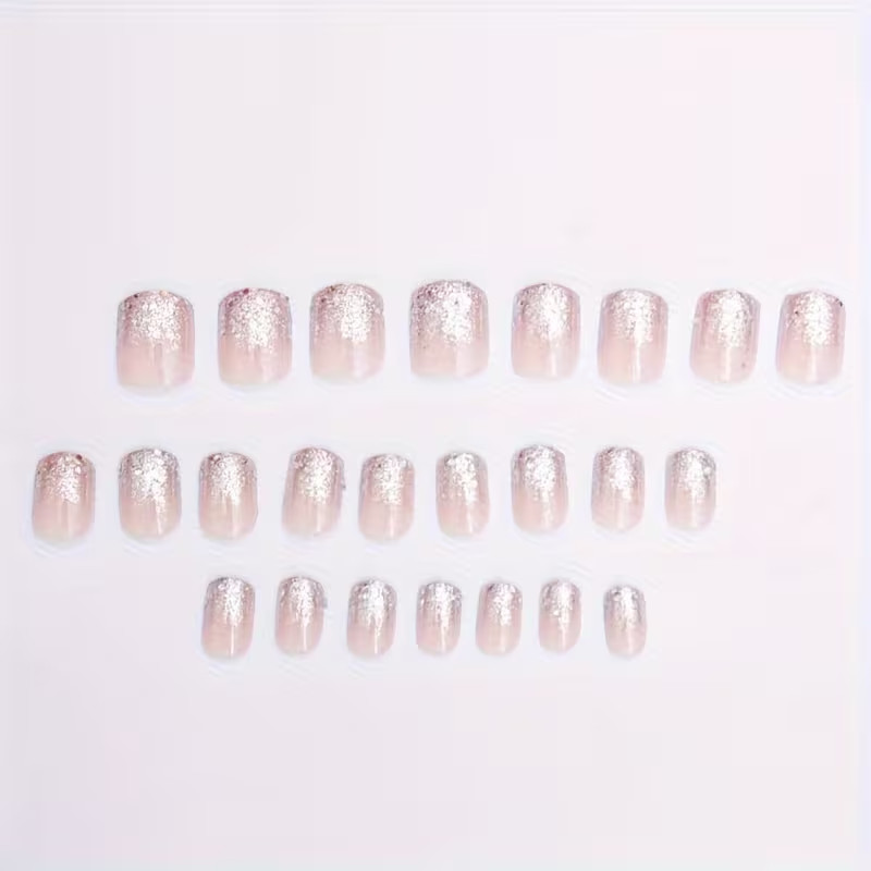 24pcs Medium Press-On Nails, Glossy, Pink and Glitter Silvery Tips