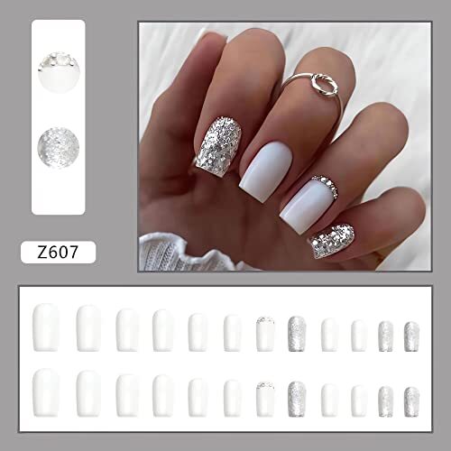Square White Press on Nails Medium Fake Nails with Silvery Glitter Style8